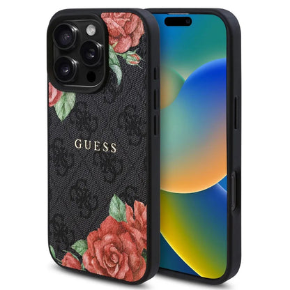 Puzdro MagSafe pre Apple iPhone 16 Pro, Guess, 4G Flowers Print, Čierne