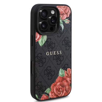 Puzdro MagSafe pre Apple iPhone 16 Pro, Guess, 4G Flowers Print, Čierne