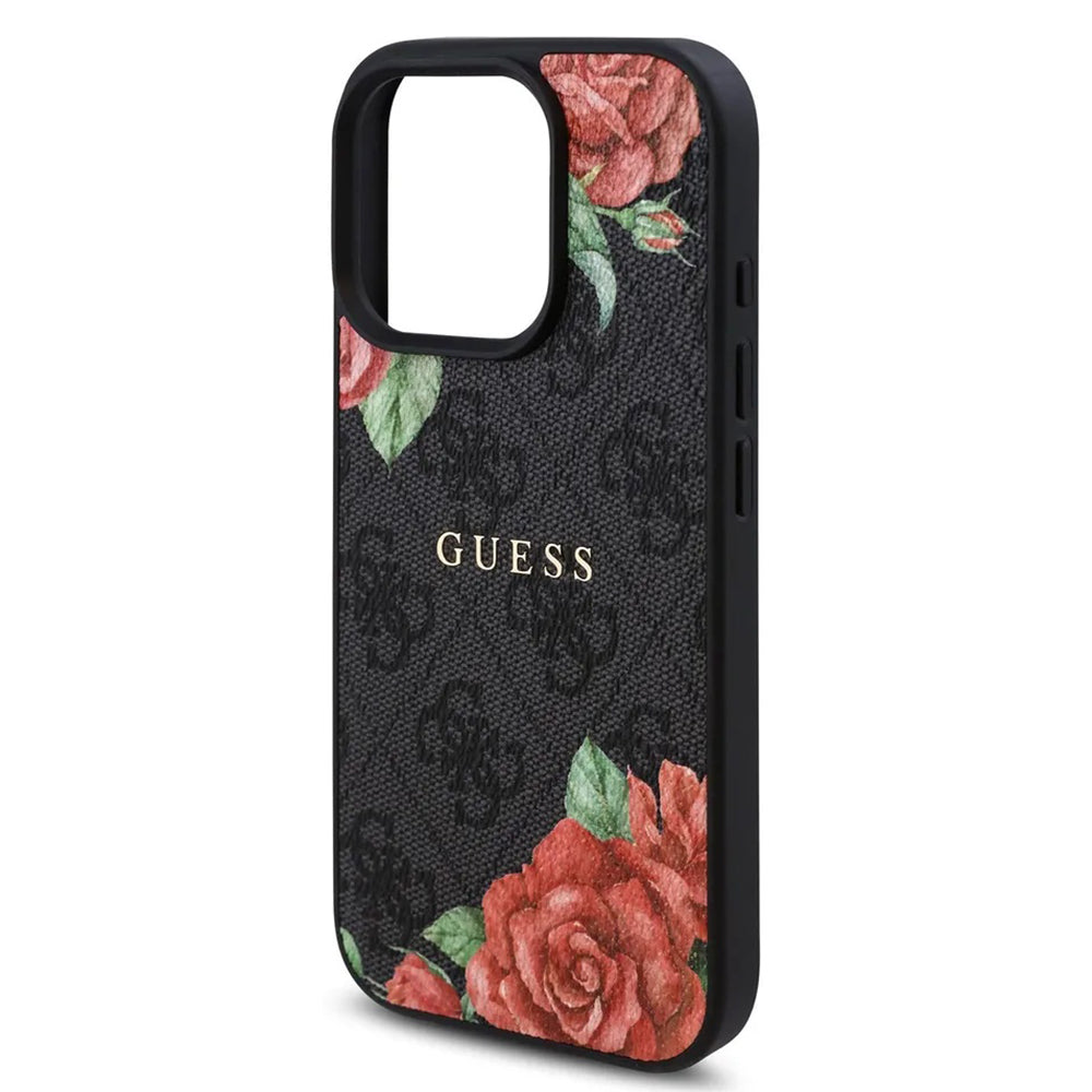 Puzdro MagSafe pre Apple iPhone 16 Pro, Guess, 4G Flowers Print, Čierne