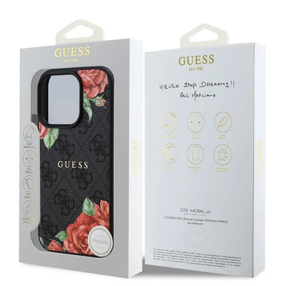 Puzdro MagSafe pre Apple iPhone 16 Pro, Guess, 4G Flowers Print, Čierne