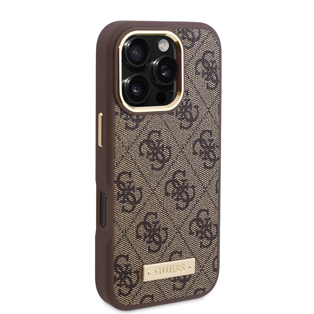 Puzdro MagSafe pre Apple iPhone 16 Pro, Guess, 4G Logo Plate, Hnedá