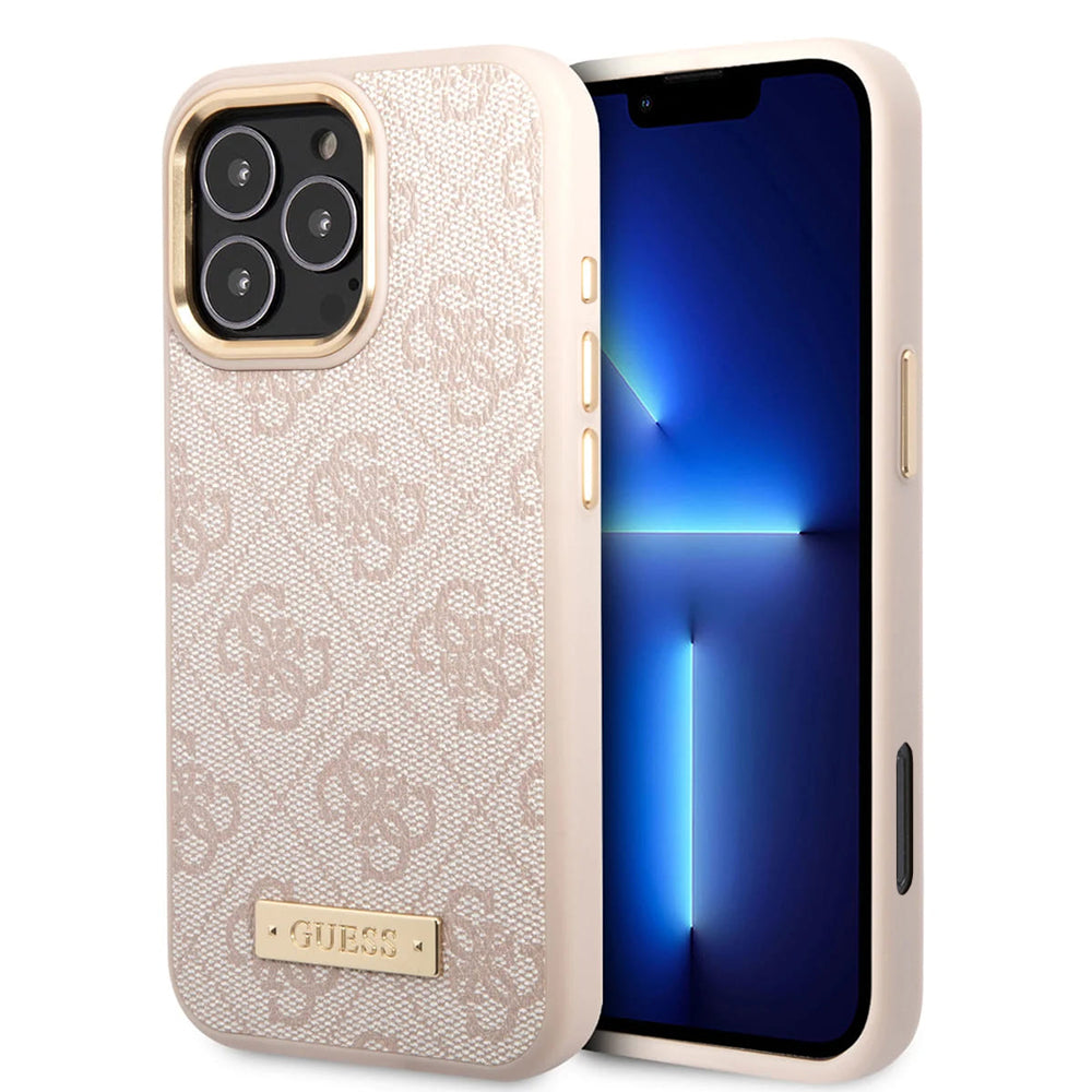 Puzdro MagSafe pre Apple iPhone 16 Pro, Guess, 4G Logo Plate, Ružové