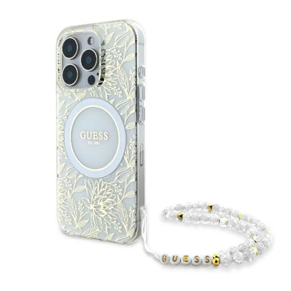 Puzdro MagSafe pre Apple iPhone 16 Pro, Guess, IML Flowers Allover Electroplated with Pearl Strap, Biela