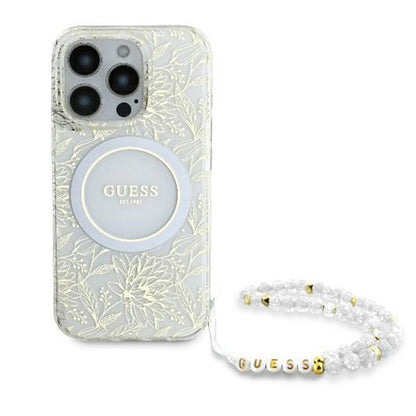 Puzdro MagSafe pre Apple iPhone 16 Pro, Guess, IML Flowers Allover Electroplated with Pearl Strap, Biela