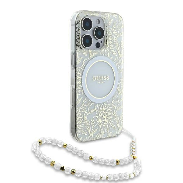 Puzdro MagSafe pre Apple iPhone 16 Pro, Guess, IML Flowers Allover Electroplated with Pearl Strap, Biela