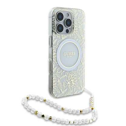 Puzdro MagSafe pre Apple iPhone 16 Pro, Guess, IML Flowers Allover Electroplated with Pearl Strap, Biela