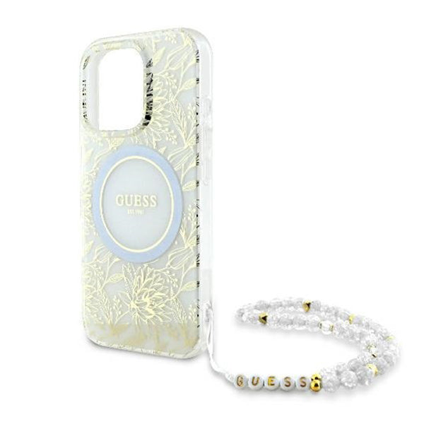 Puzdro MagSafe pre Apple iPhone 16 Pro, Guess, IML Flowers Allover Electroplated with Pearl Strap, Biela