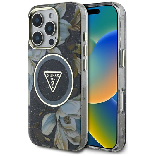 Puzdro MagSafe pre Apple iPhone 16 Pro, Guess, IML Metal Glitter Flowers Triangle, Čierne