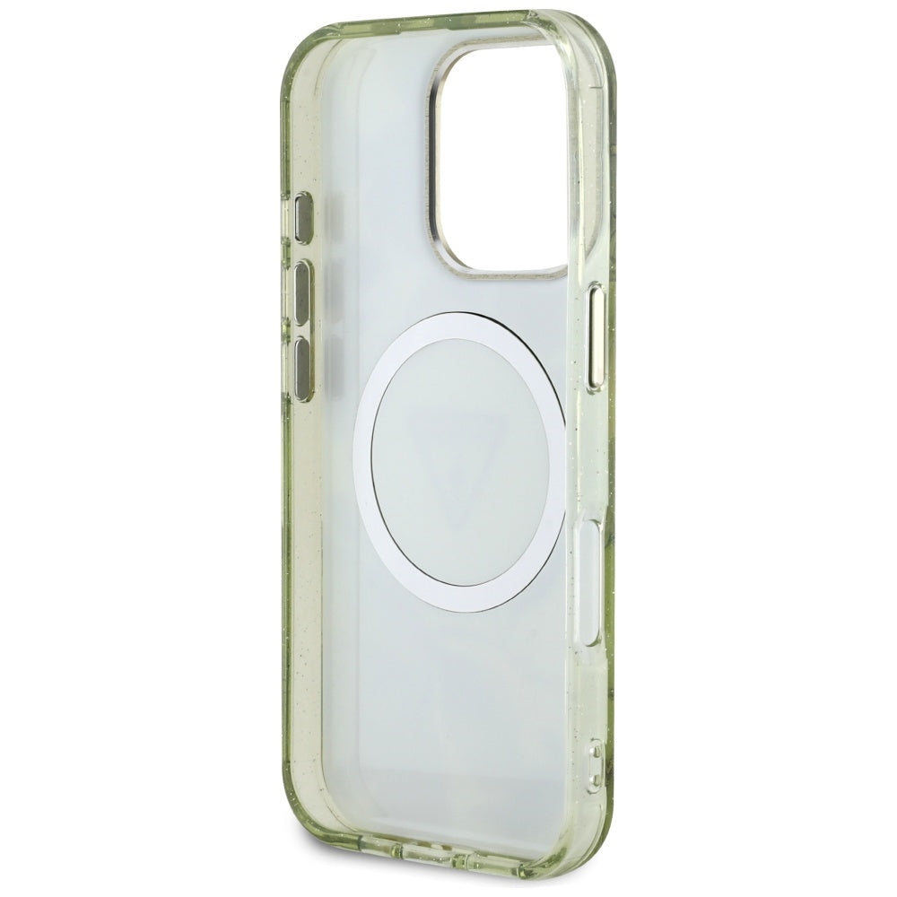 MagSafe Case for Apple iPhone 16 Pro, Guess, IML Metal Glitter Flowers Triangle, Green