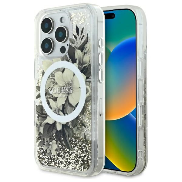 Puzdro MagSafe pre Apple iPhone 16 Pro, Guess, Liquid Glitter Flower, Bež