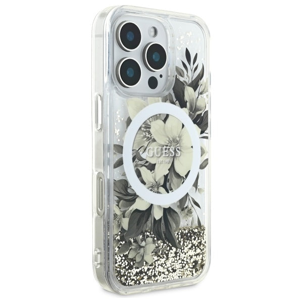 Puzdro MagSafe pre Apple iPhone 16 Pro, Guess, Liquid Glitter Flower, Bež