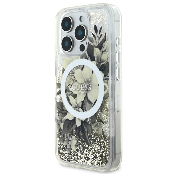 Puzdro MagSafe pre Apple iPhone 16 Pro, Guess, Liquid Glitter Flower, Bež