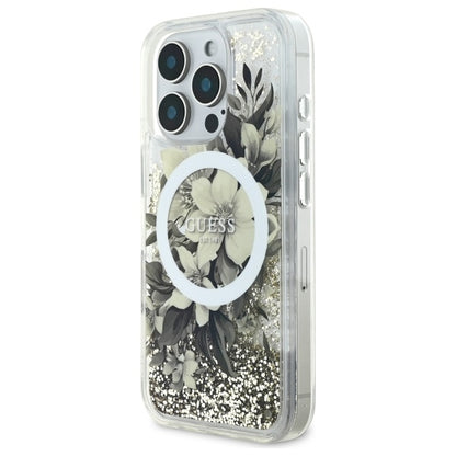 Puzdro MagSafe pre Apple iPhone 16 Pro, Guess, Liquid Glitter Flower, Bež