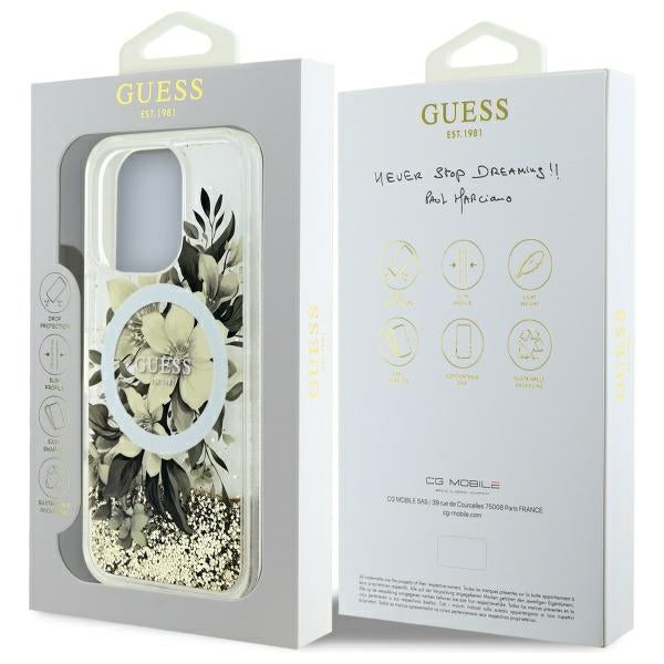 Puzdro MagSafe pre Apple iPhone 16 Pro, Guess, Liquid Glitter Flower, Bež