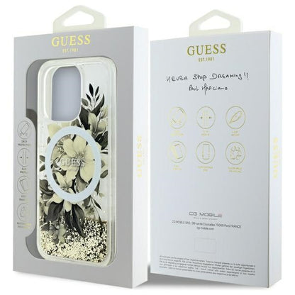 Puzdro MagSafe pre Apple iPhone 16 Pro, Guess, Liquid Glitter Flower, Bež