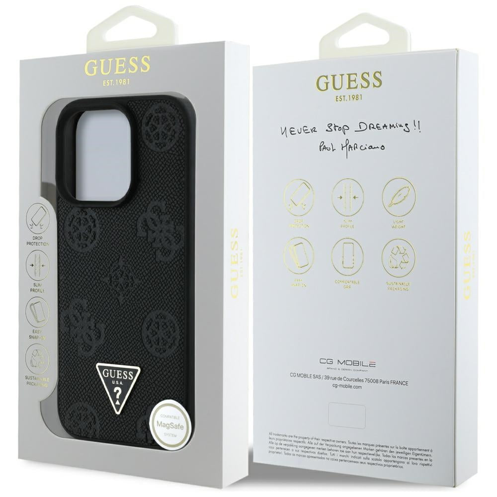 Puzdro MagSafe pre Apple iPhone 16 Pro, Guess, Peony Grained Hot Stamp Triangle, Čierne