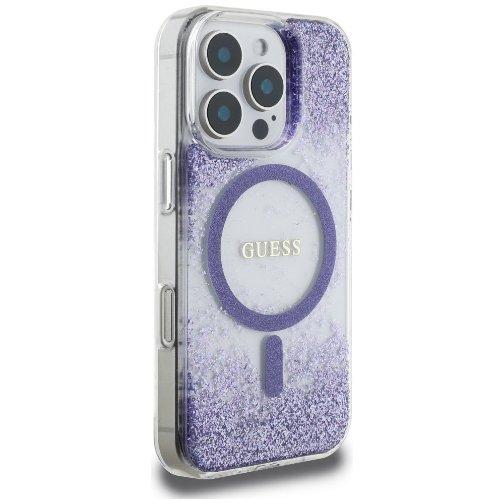 Puzdro MagSafe pre Apple iPhone 16 Pro, Guess, Resin Bottom Glitter, Fialová