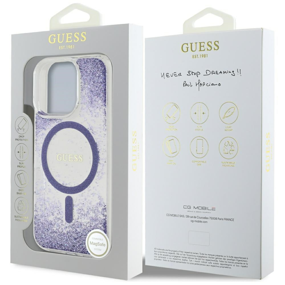 Puzdro MagSafe pre Apple iPhone 16 Pro, Guess, Resin Bottom Glitter, Fialová