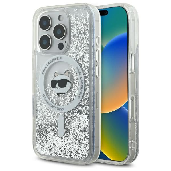 Puzdro MagSafe pre Apple iPhone 16 Pro, Karl Lagerfeld, Liquid Glitter Choupette's Head, Transparentné
