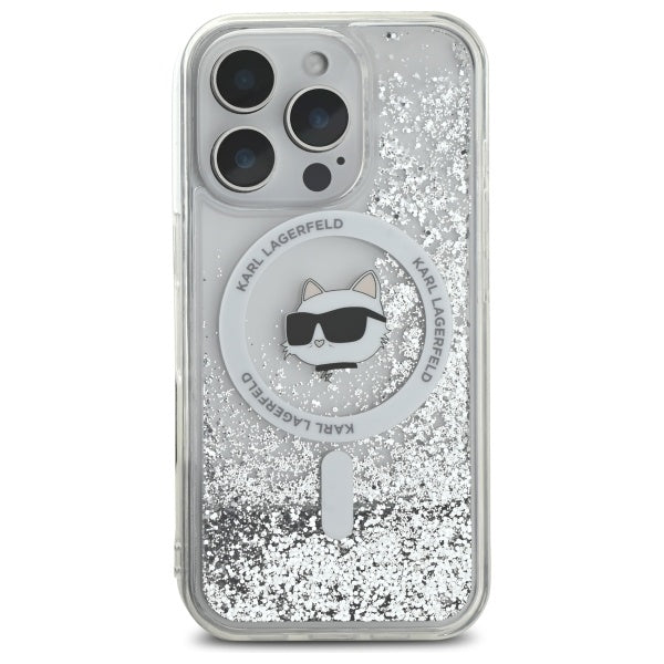Puzdro MagSafe pre Apple iPhone 16 Pro, Karl Lagerfeld, Liquid Glitter Choupette's Head, Transparentné