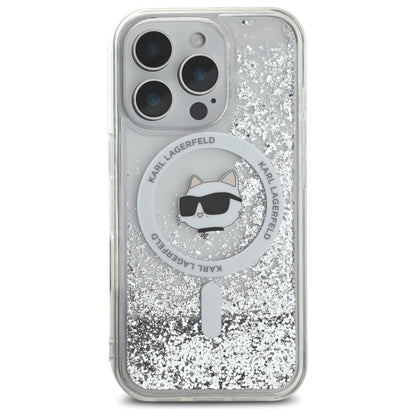 Puzdro MagSafe pre Apple iPhone 16 Pro, Karl Lagerfeld, Liquid Glitter Choupette's Head, Transparentné