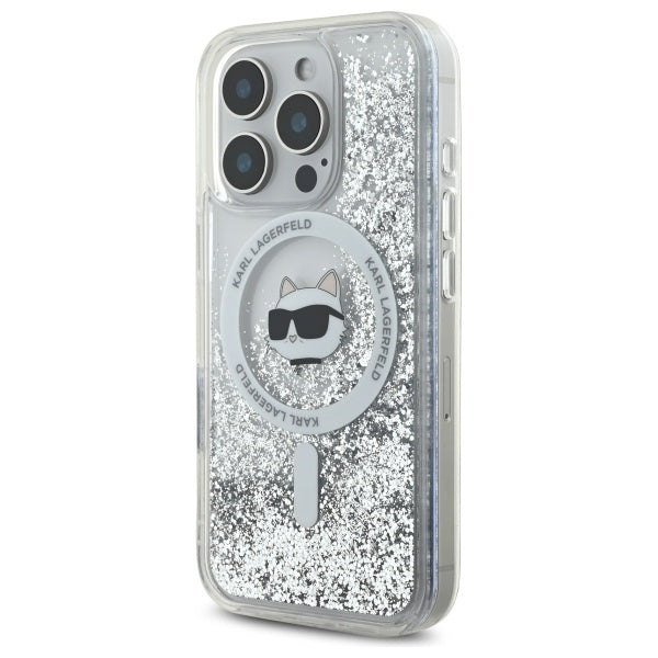 Puzdro MagSafe pre Apple iPhone 16 Pro, Karl Lagerfeld, Liquid Glitter Choupette's Head, Transparentné