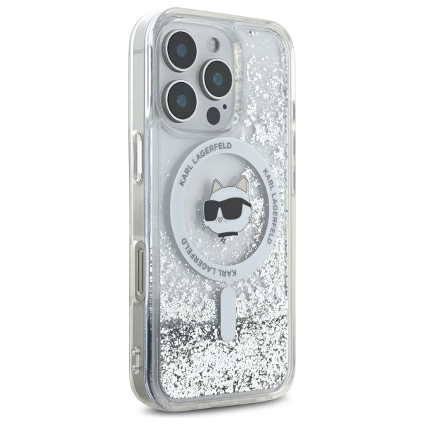 Puzdro MagSafe pre Apple iPhone 16 Pro, Karl Lagerfeld, Liquid Glitter Choupette's Head, Transparentné
