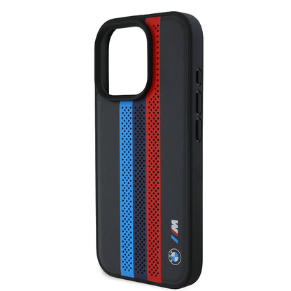 Puzdro MagSafe pre Apple iPhone 16 Pro Max, BMW, Perforated M Perf. Tricolor Stripers, Čierne