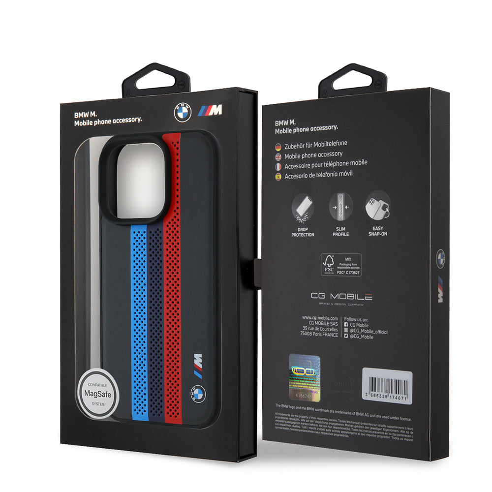 Puzdro MagSafe pre Apple iPhone 16 Pro Max, BMW, Perforated M Perf. Tricolor Stripers, Čierne