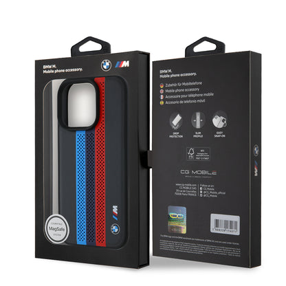 Puzdro MagSafe pre Apple iPhone 16 Pro Max, BMW, Perforated M Perf. Tricolor Stripers, Čierne