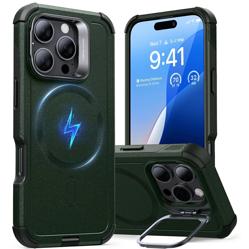 Puzdro MagSafe pre Apple iPhone 16 Pro Max, ESR, Cyber Armor Kickstand, Zelené