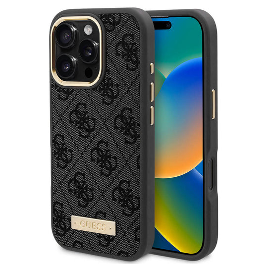 Puzdro MagSafe pre Apple iPhone 16 Pro Max, Guess, 4G Logo Plate, Čierne