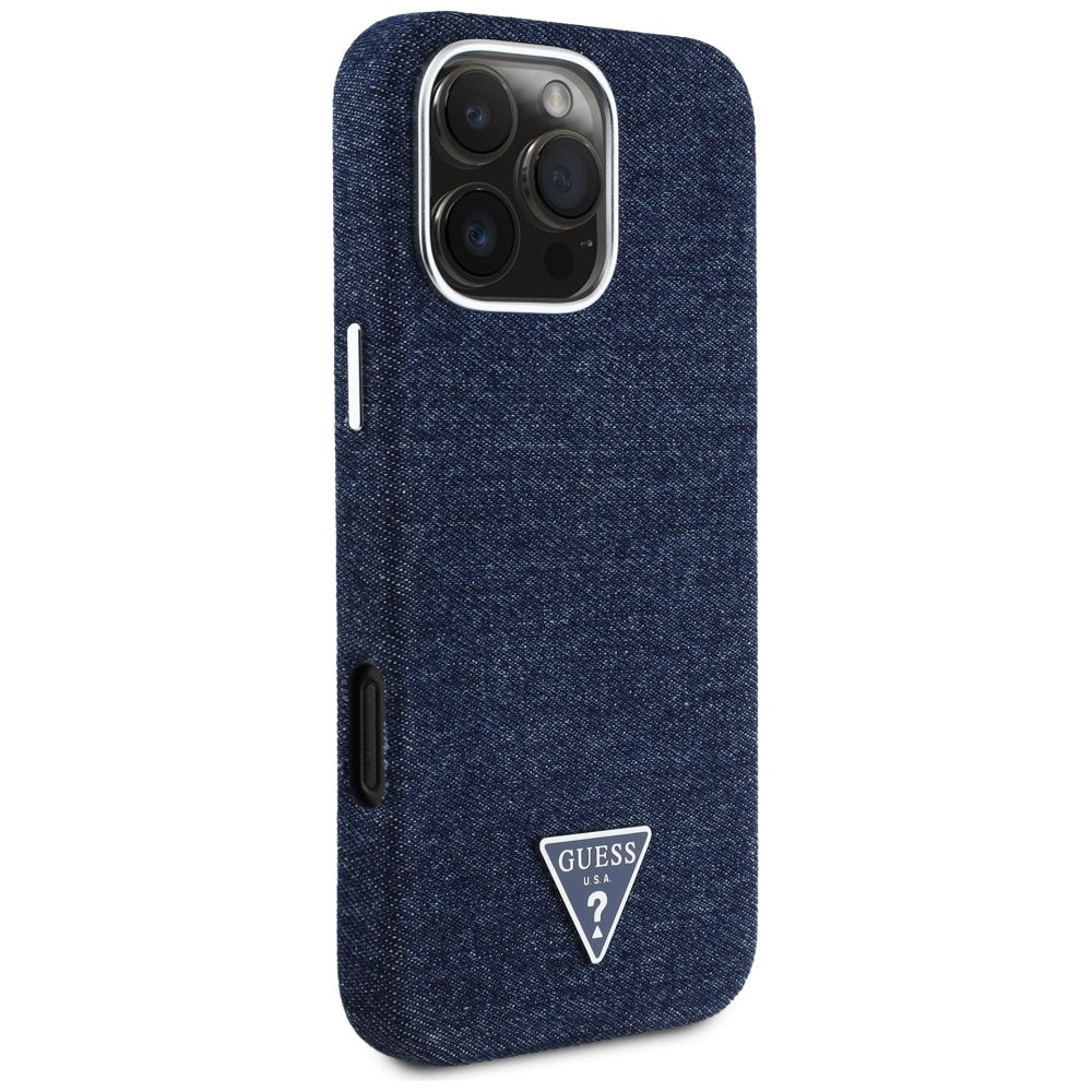 MagSafe Case for Apple iPhone 16 Pro Max, Guess, Denim Triangle Logo, Blue