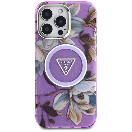 Puzdro MagSafe pre Apple iPhone 16 Pro Max, Guess, IML Metal Glitter Flowers Triangle, Fialová