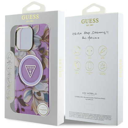Puzdro MagSafe pre Apple iPhone 16 Pro Max, Guess, IML Metal Glitter Flowers Triangle, Fialová