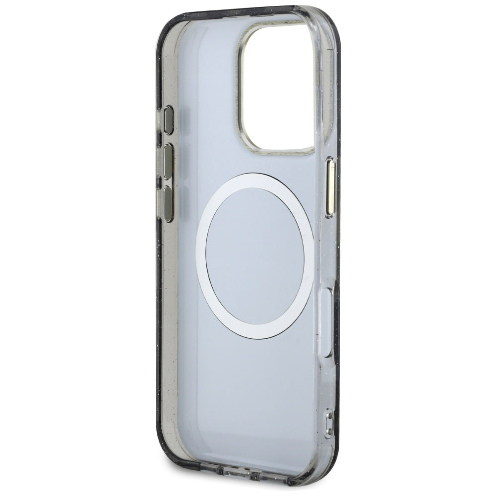 Puzdro MagSafe pre Apple iPhone 16 Pro Max, Guess, IML Metal Glitter Flowers Triangle, Čierne