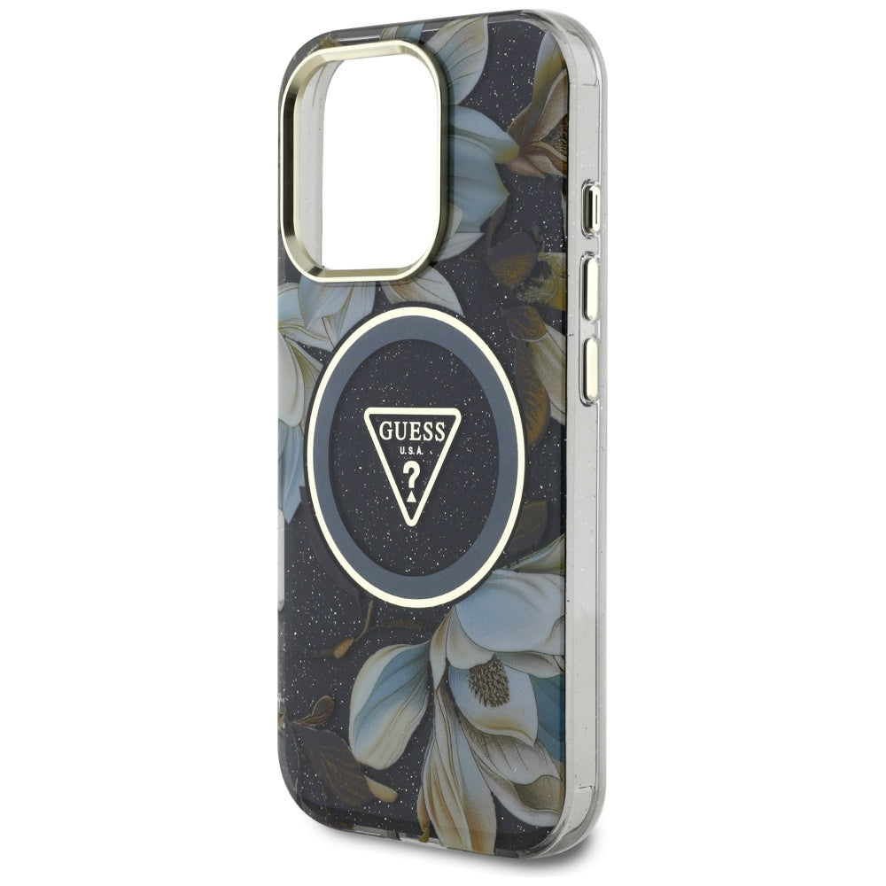 Puzdro MagSafe pre Apple iPhone 16 Pro Max, Guess, IML Metal Glitter Flowers Triangle, Čierne