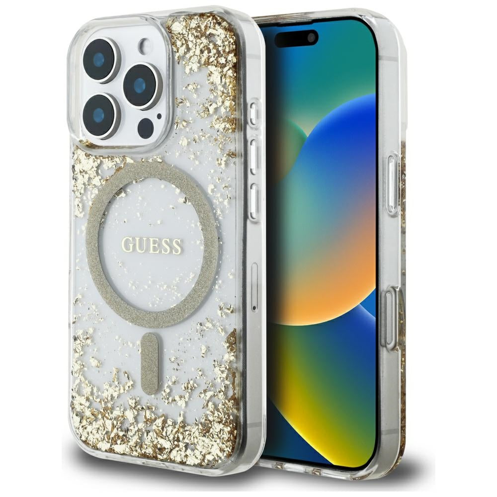 Puzdro MagSafe pre Apple iPhone 16 Pro Max, Guess, Resin Bottom Glitter, Zlaté