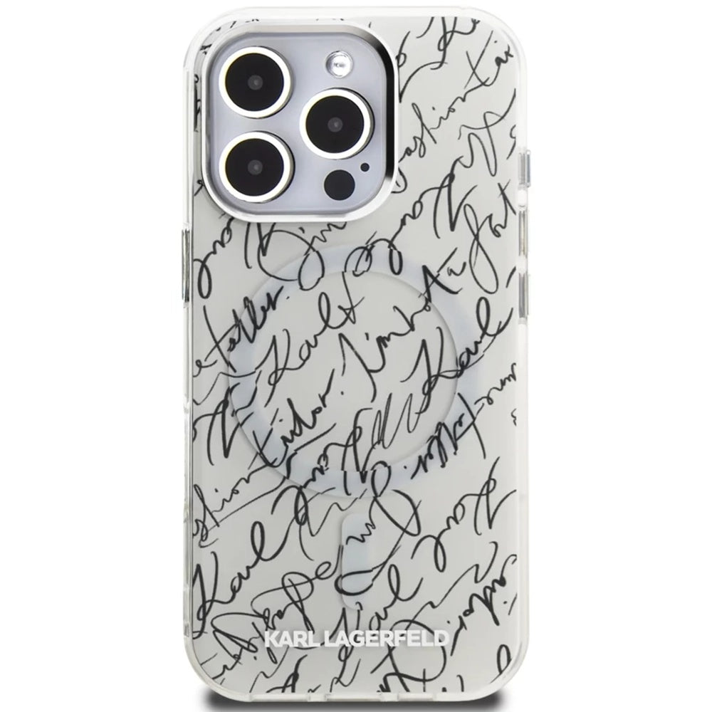 Puzdro MagSafe pre Apple iPhone 16 Pro Max, Karl Lagerfeld, IML Karl Script Pattern, Biela