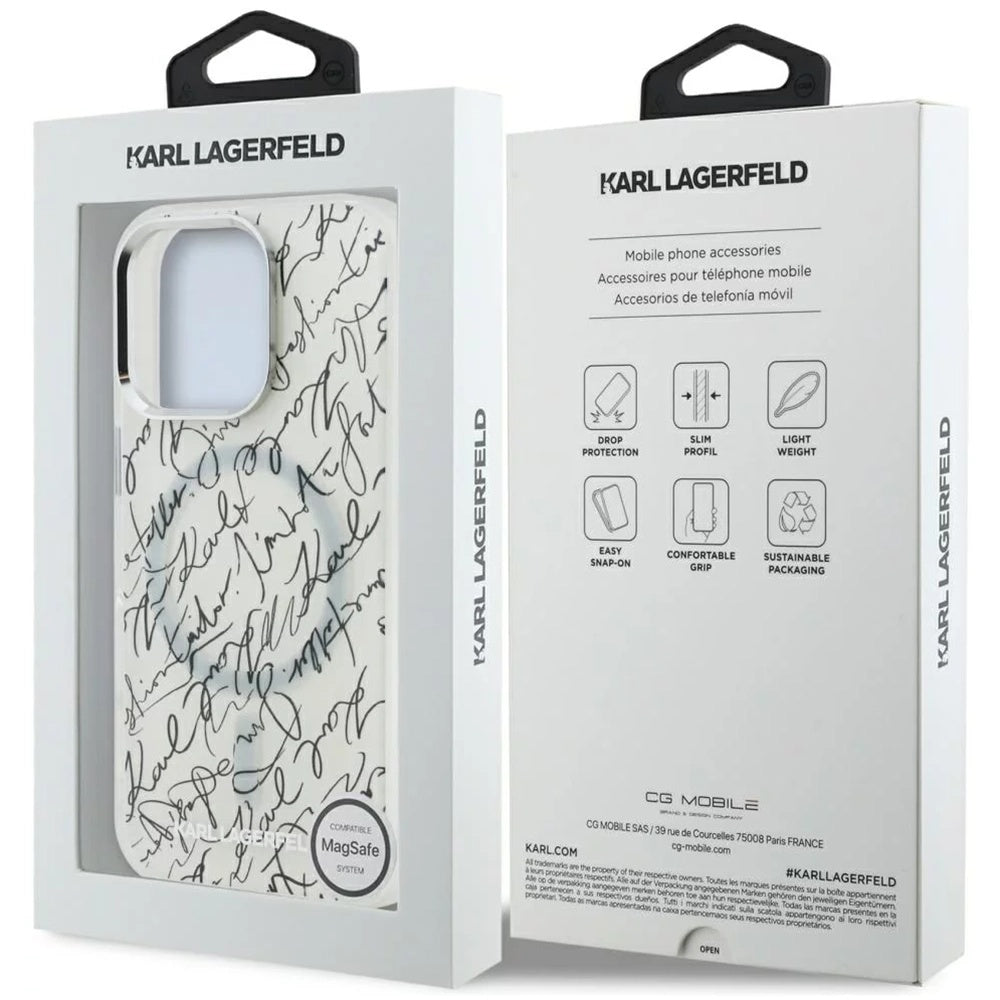 Puzdro MagSafe pre Apple iPhone 16 Pro Max, Karl Lagerfeld, IML Karl Script Pattern, Biela