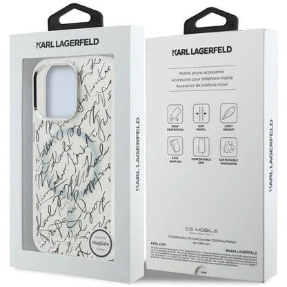 Puzdro MagSafe pre Apple iPhone 16 Pro Max, Karl Lagerfeld, IML Karl Script Pattern, Biela