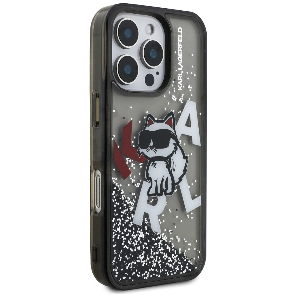 Puzdro MagSafe pre Apple iPhone 16 Pro Max, Karl Lagerfeld, Liquid Glitter Choupette Logo, Čierne