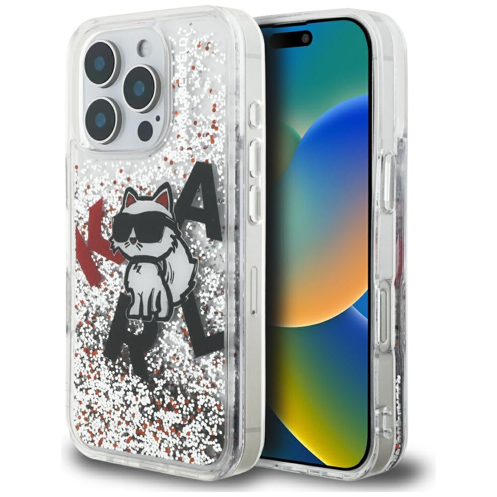 Puzdro MagSafe pre Apple iPhone 16 Pro Max, Karl Lagerfeld, Liquid Glitter Choupette Logo, Transparentné