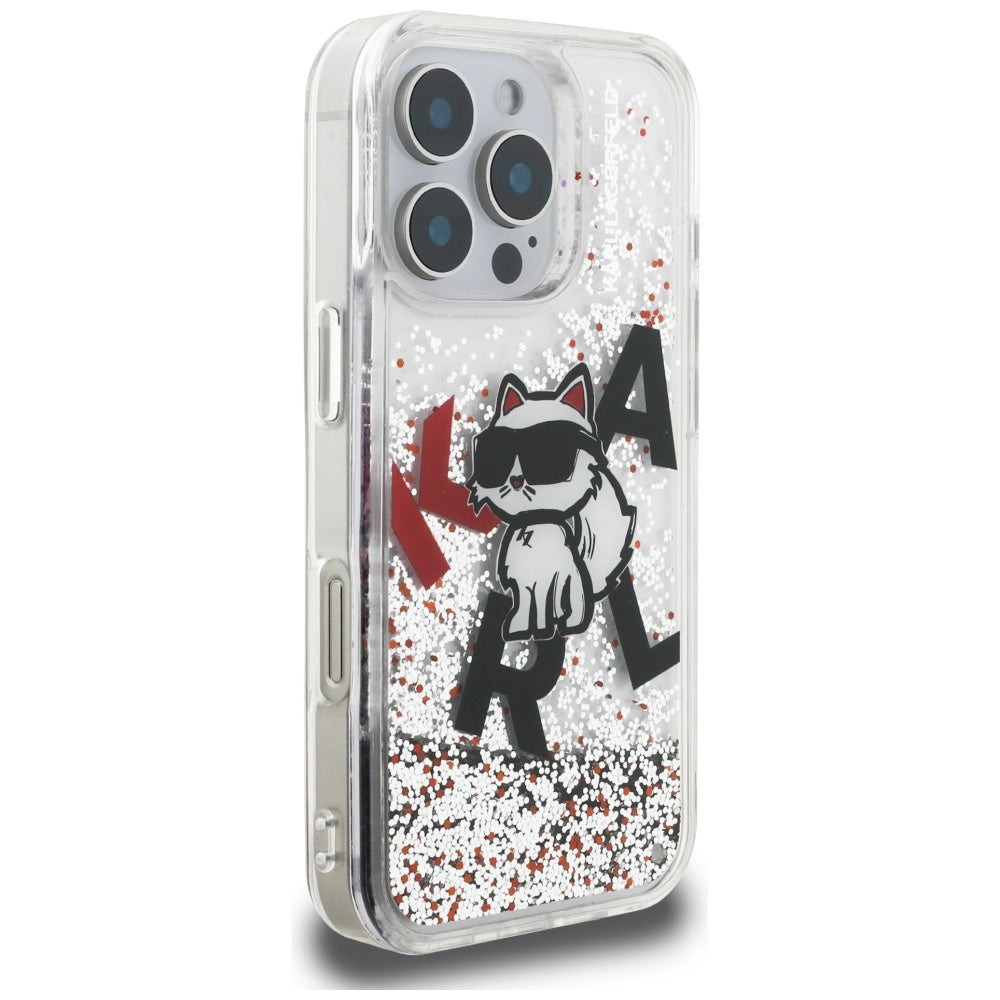 Puzdro MagSafe pre Apple iPhone 16 Pro Max, Karl Lagerfeld, Liquid Glitter Choupette Logo, Transparentné