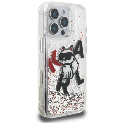 Puzdro MagSafe pre Apple iPhone 16 Pro Max, Karl Lagerfeld, Liquid Glitter Choupette Logo, Transparentné