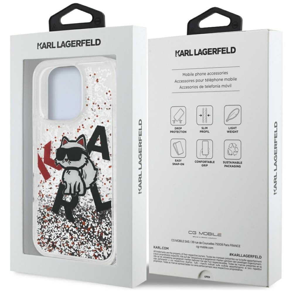 Puzdro MagSafe pre Apple iPhone 16 Pro Max, Karl Lagerfeld, Liquid Glitter Choupette Logo, Transparentné