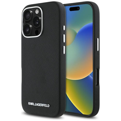 Puzdro MagSafe pre Apple iPhone 16 Pro Max, Karl Lagerfeld, Saffiano Full Wrapped Elongated Metal Logo, Čierne