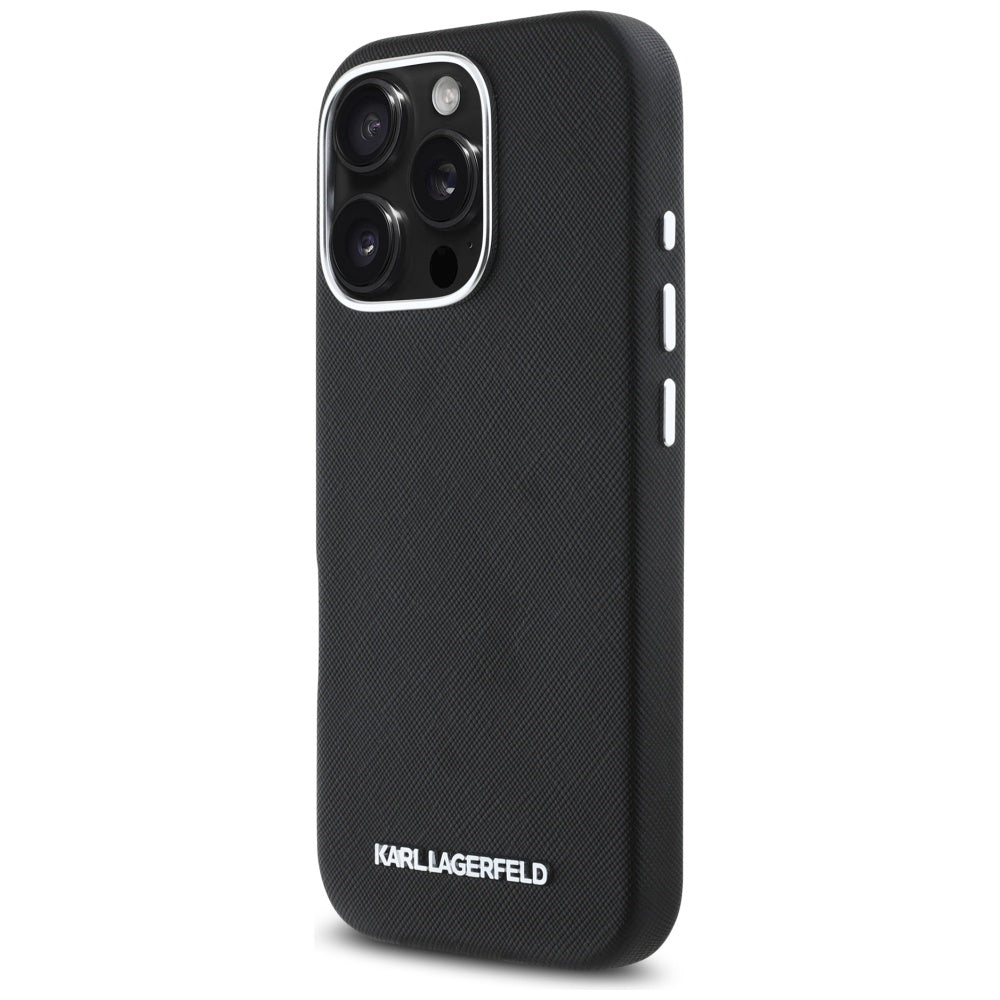 Puzdro MagSafe pre Apple iPhone 16 Pro Max, Karl Lagerfeld, Saffiano Full Wrapped Elongated Metal Logo, Čierne