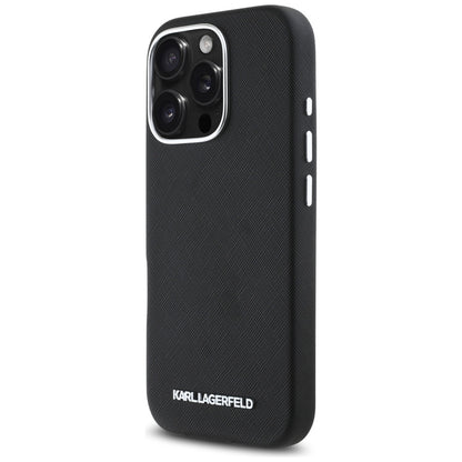 Puzdro MagSafe pre Apple iPhone 16 Pro Max, Karl Lagerfeld, Saffiano Full Wrapped Elongated Metal Logo, Čierne