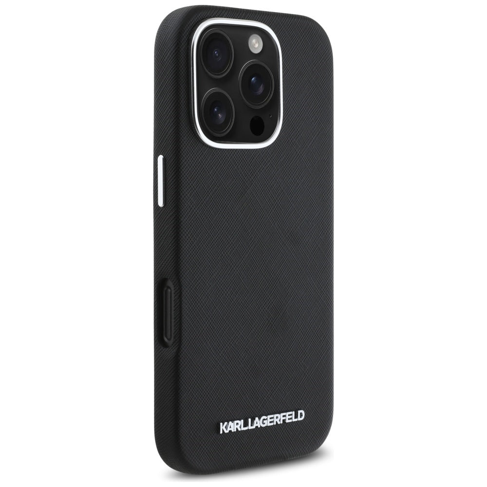 Puzdro MagSafe pre Apple iPhone 16 Pro Max, Karl Lagerfeld, Saffiano Full Wrapped Elongated Metal Logo, Čierne